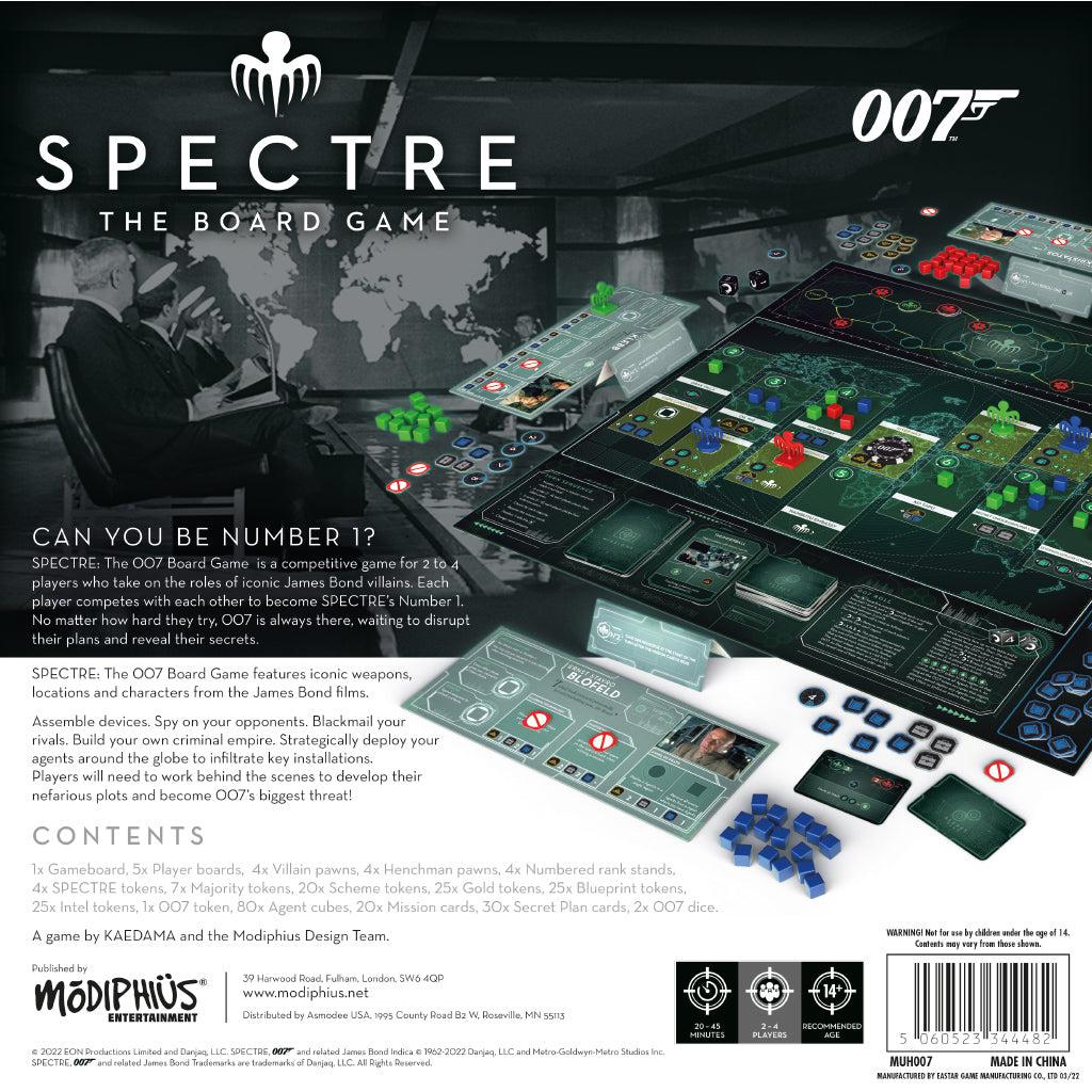 Image of the back of the box. It shows part of the game board mid play through and information on the game such as the contents list.