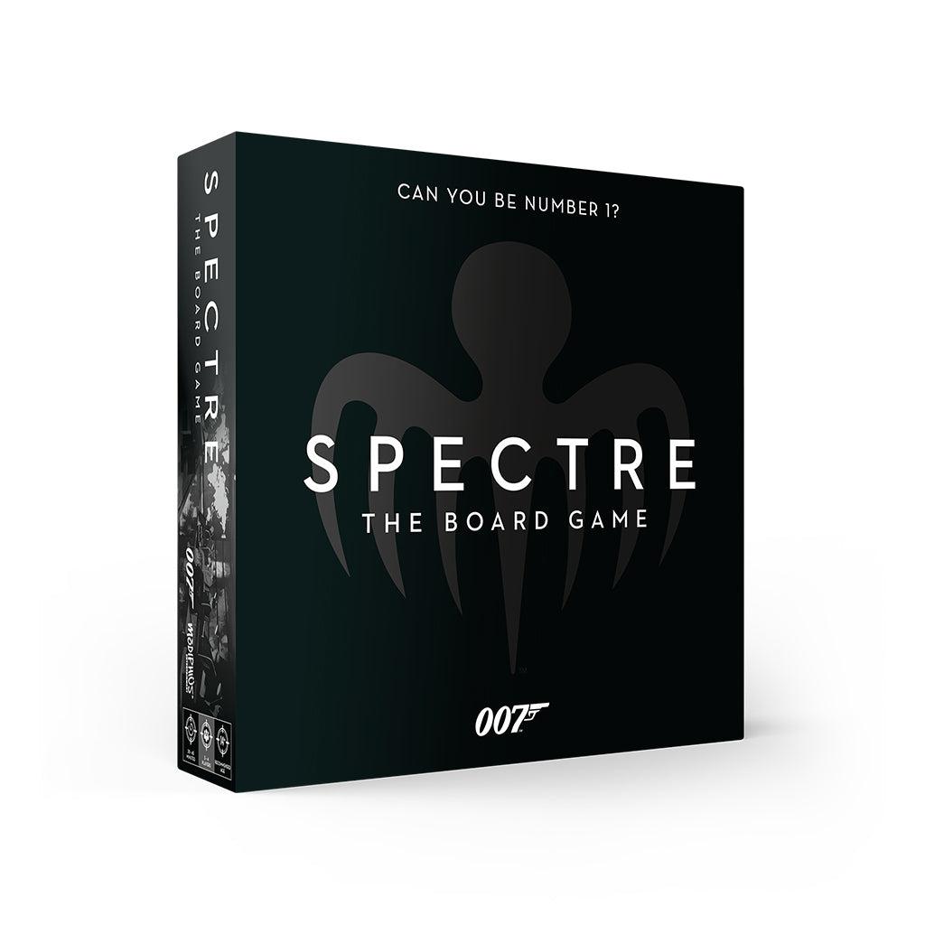 Image of the box for Spectre - 007 Board Game. On the front is a black background with a silhouette of a hair comb in the center.