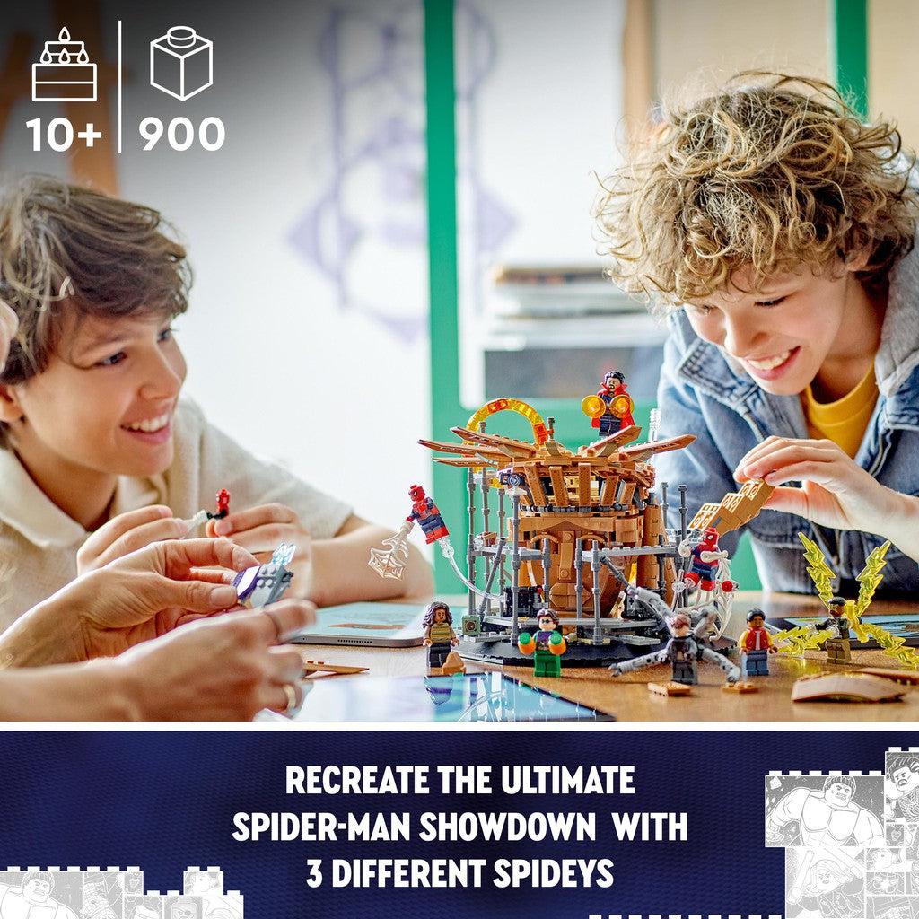 for ages 10+ with 900 LEGO pieces. recreate the ultimate spiderman showdown with 3 different spideys