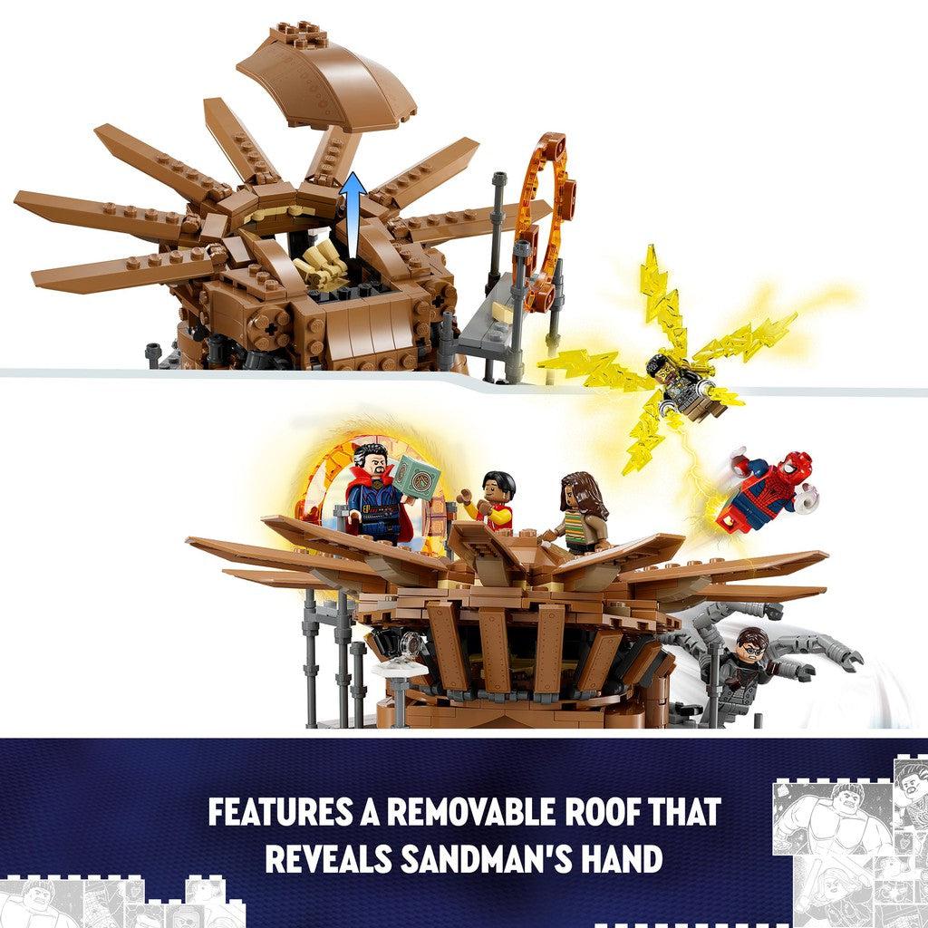 features a removable roof that reveals sandman's hand