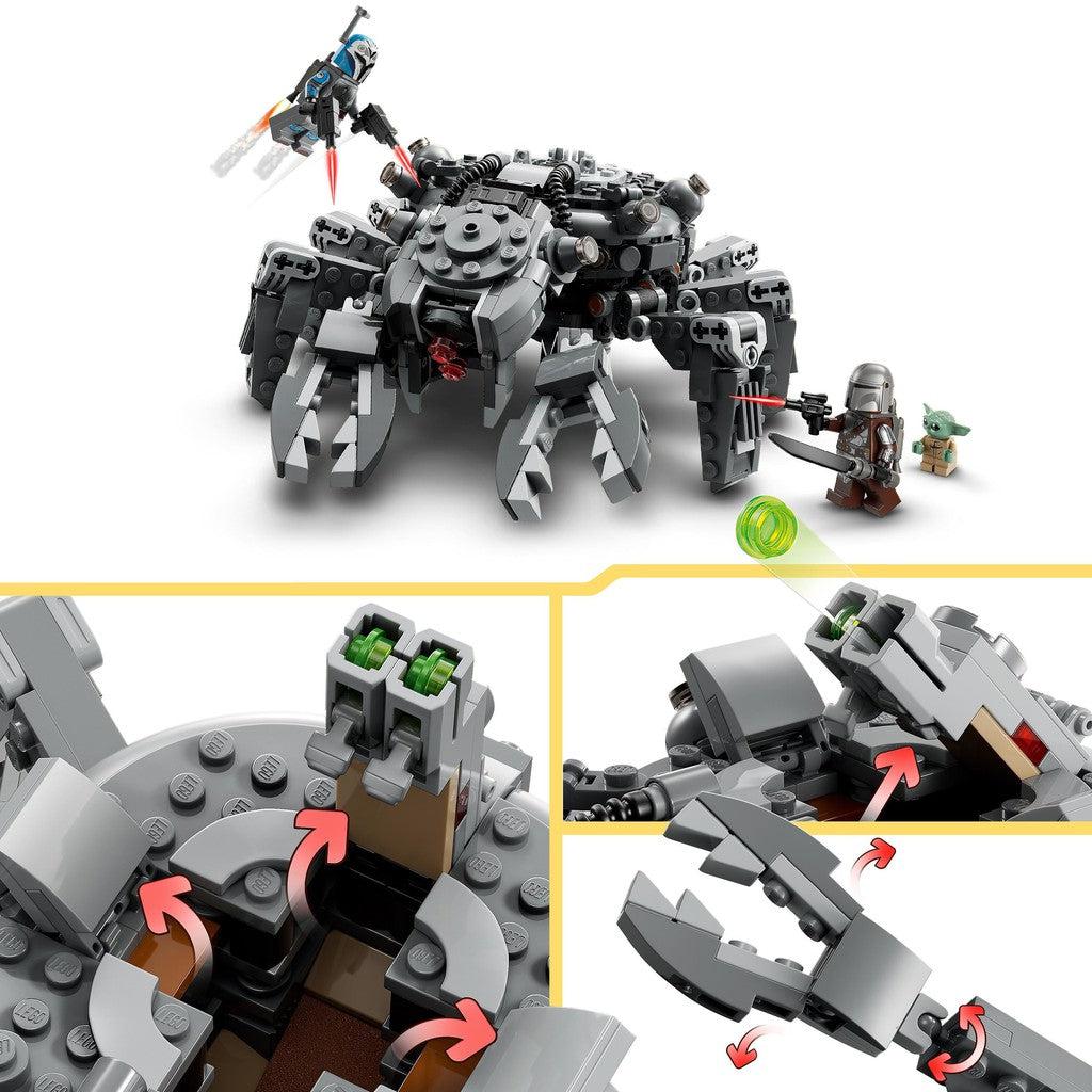 the pincers moves and the blaster cannon swivels around and launches LEGO beads
