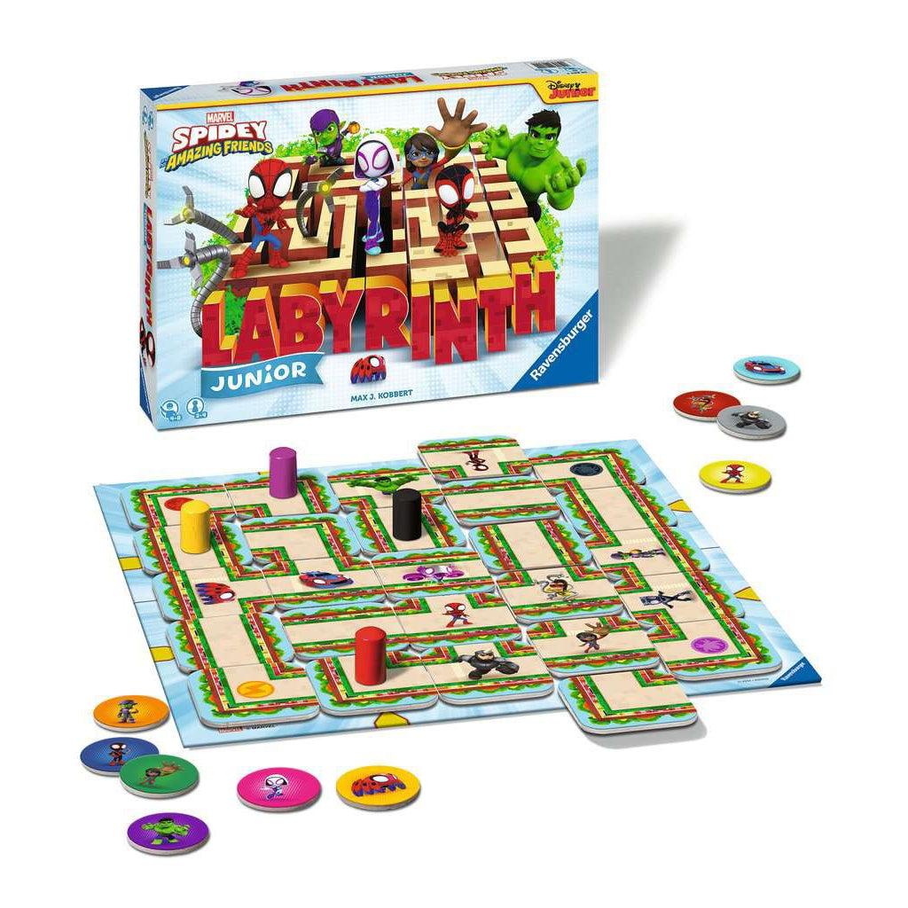 Image of the fully put-together game board. It is a smaller Labyrinth board than the original, but is still has parts that you can slide around and parts that have to stay still. The game comes with chips with different Spiderman characters on them.