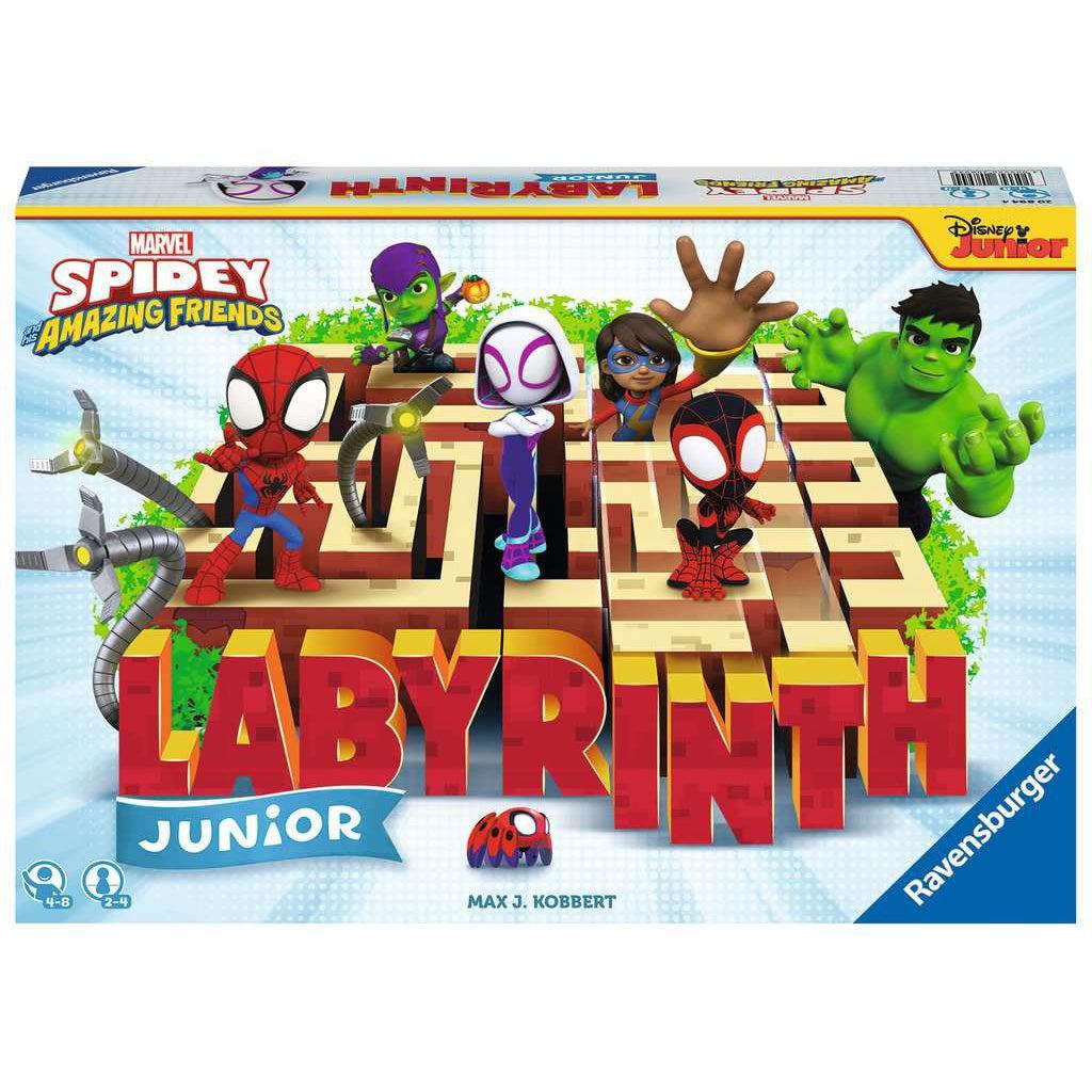 Image of the box for the game Spidey and His Amazing Friends Labyrinth Junior. On the front is a cartoonish picture of Spiderman and his allies in a large maze.