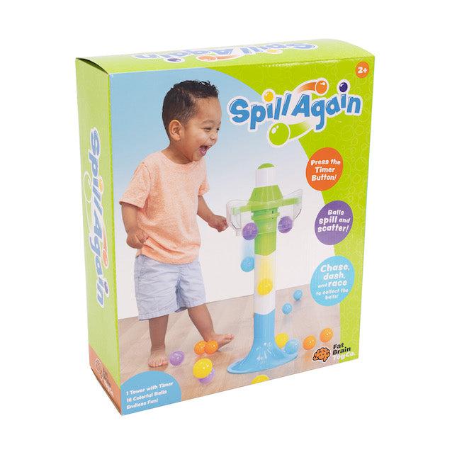 this image shows the spill again play set for a toddler. put the balls in the top and watch them drop! run around to collect them again