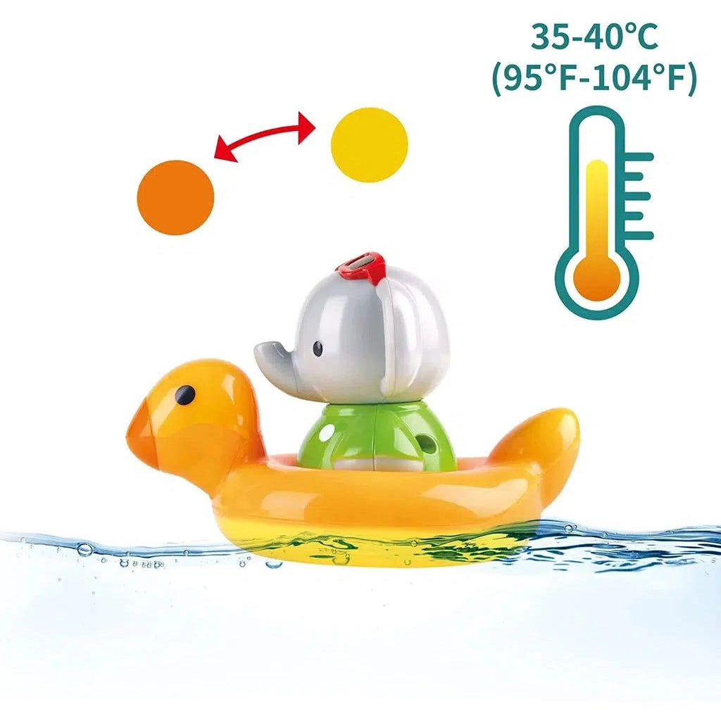 Shows that when the duck floatie gets warm, it changes color from orange to a yellow.
