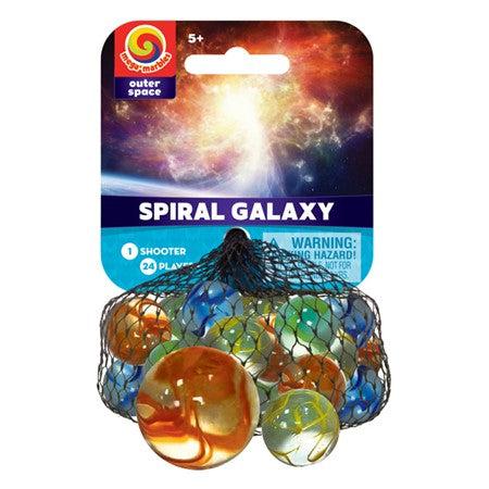 Image of the Spiral Galaxy glass marbles. They vary in color (orange, yellow, blue, and green) but each have the same design of a clear marble with that particular color inside in a spiral design.