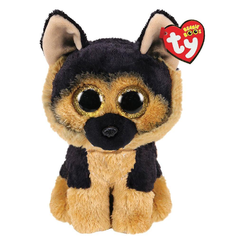 Image of the Spirit the Dog plush. It is a caramel and black colored german shepherd dog with golden eyes.