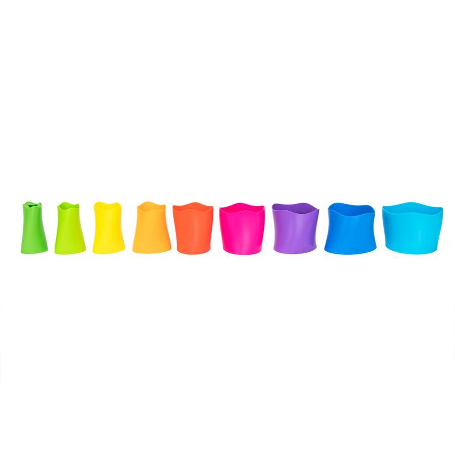 Image of each of the 9 included pieces that make the toy. The pieces can all come apart into separate cones and put back together to create the toy.