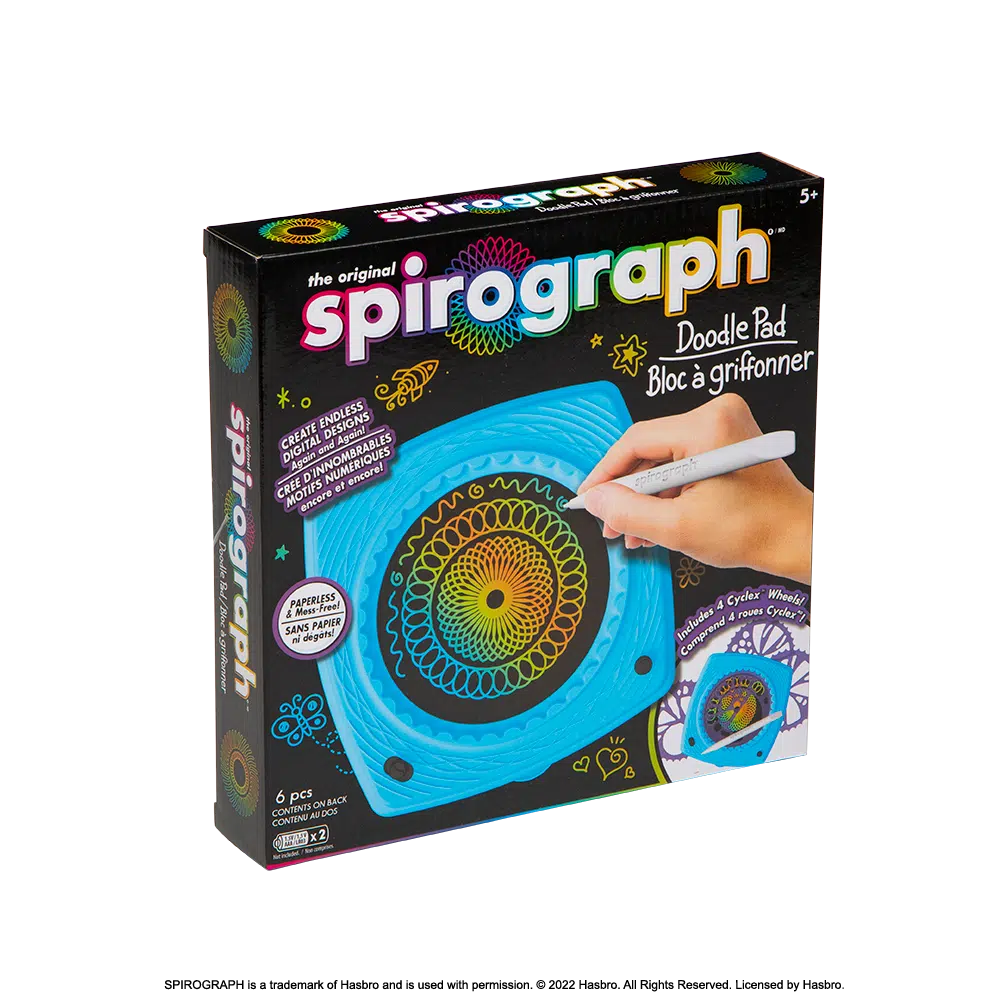 this image shows the box for the sporograph. its a round doodle area with a stylus for kids to draw with