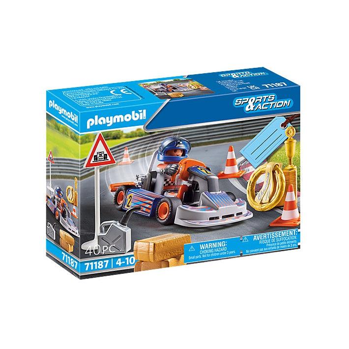 This image shows the box and voer for the go kart racer. there are 40 pieces in the set. The picture shows an avid go-karter racing to the finish line speeding around the track as fast as his go-kart legs can carry him.