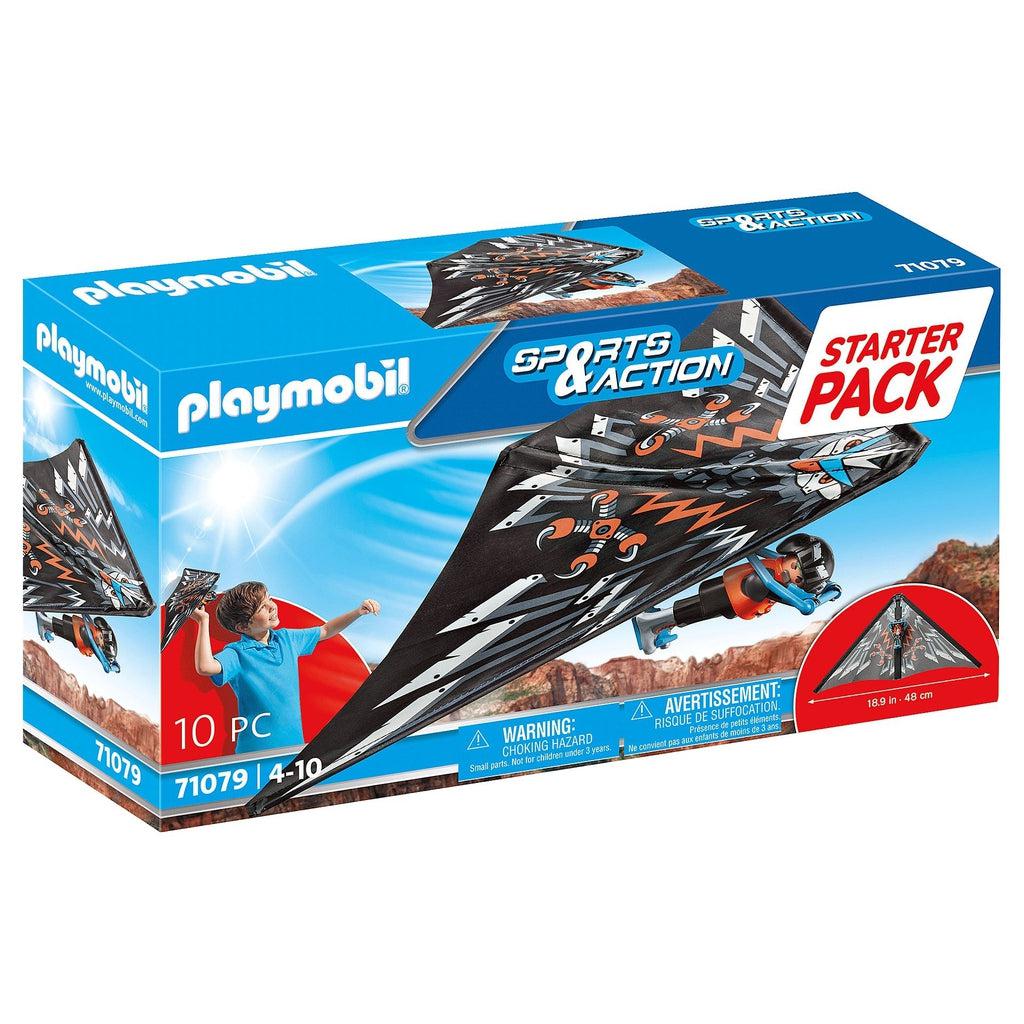 The playmobil hang glider. the box shows a child throwing the hang glider into the sun, watcching as the little toy stuntman takes to the skies for a rush of adrenaline and fun. 