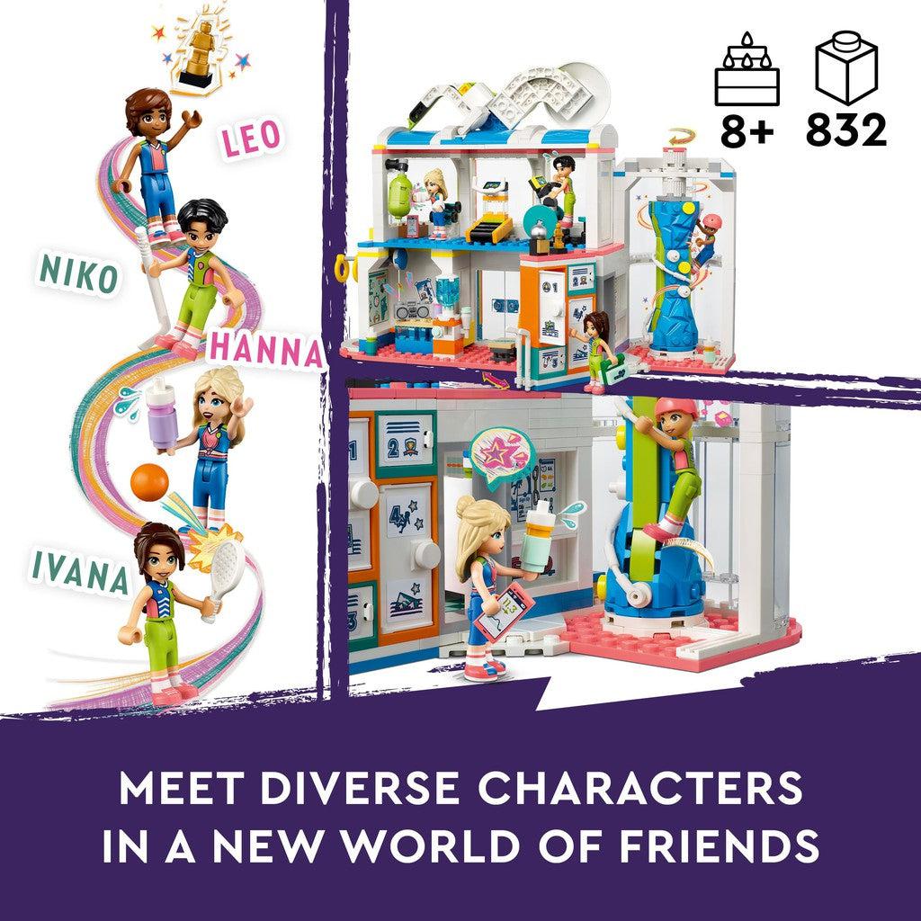 for ages 8+ with 832 LEGO pieces. features Leo, Niko, Hanna, Ivana. Meet diverse characters in a new world of friends