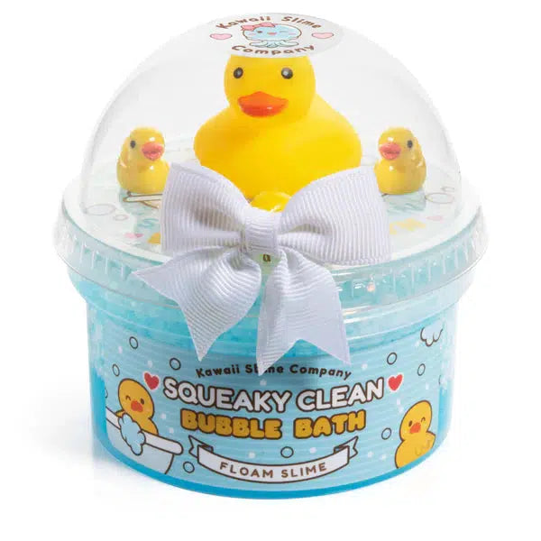 Image of the Squeaky Clean Bubble Bath Floam Slime in its packaging. It comes in two interlocking containers with one holding the slime and the other holding the included charms.