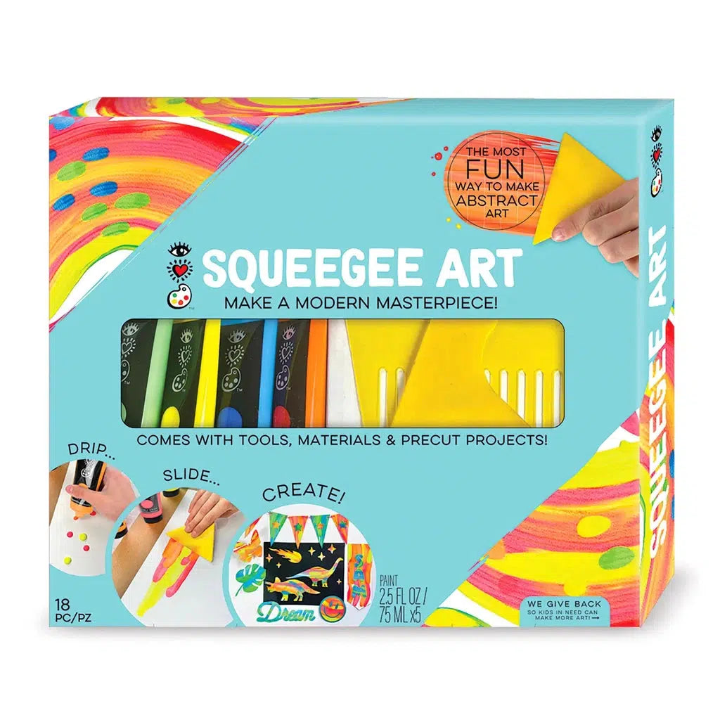 this image shows the squeegee art box. comes with tools, materials, and precut projects. drip the colors, slide the squeegee and create art!