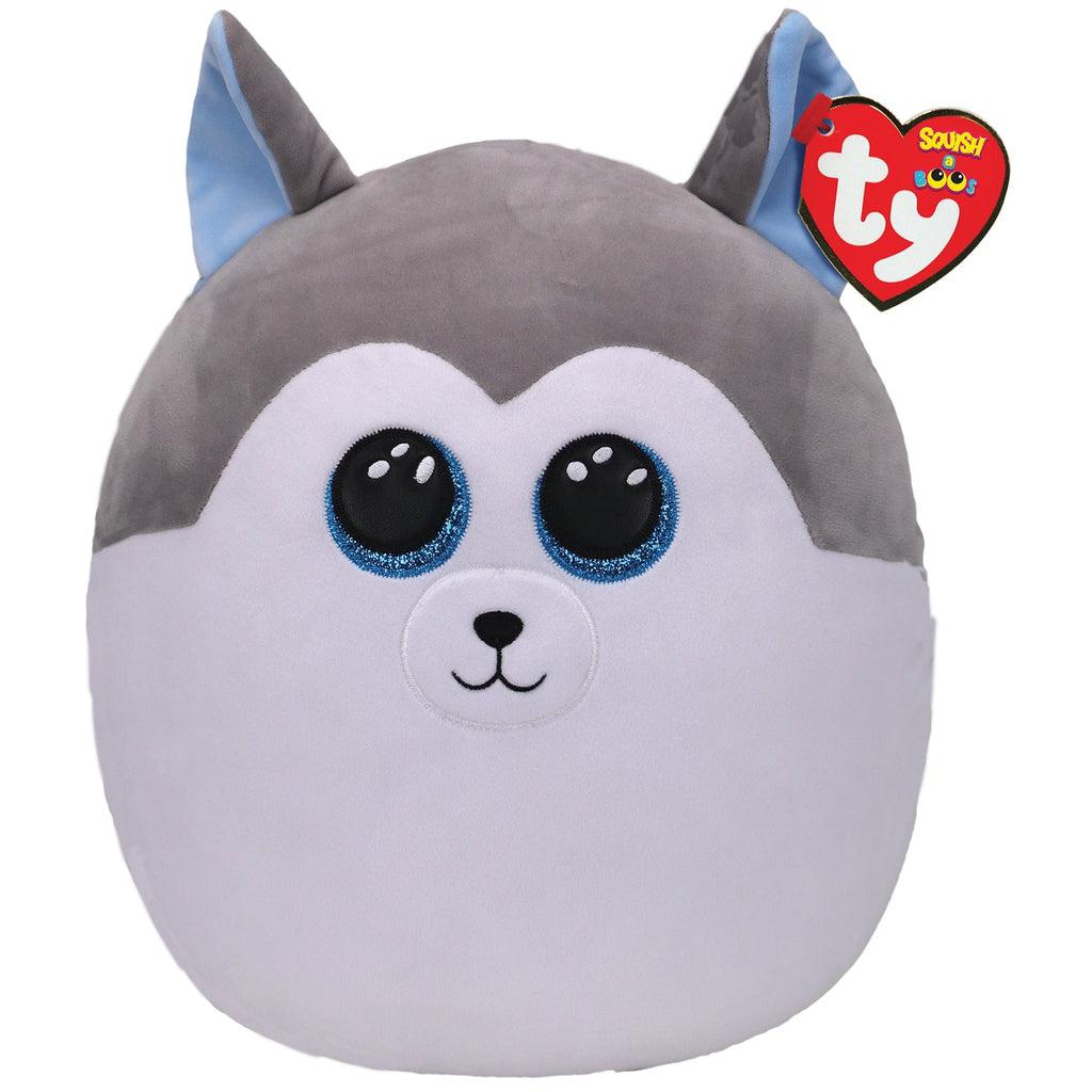 Image of the Squish-A-Boo Slush the Wolf plush. It is a grey and white wolf with sparkly blue eyes and light blue insides of the ears.
