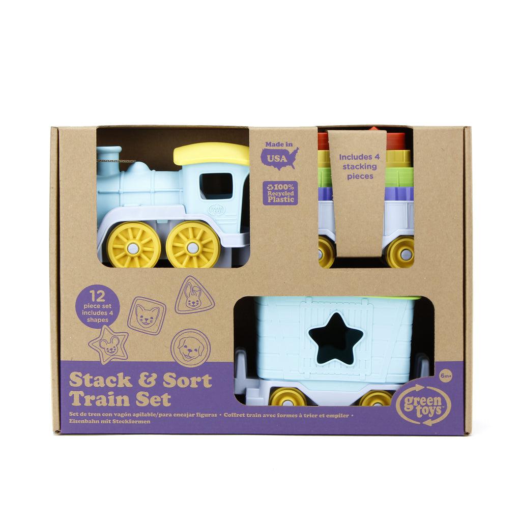 Image of the Stack & Sort Train Set. Part of the front is cut away so you can see and touch the toy inside.