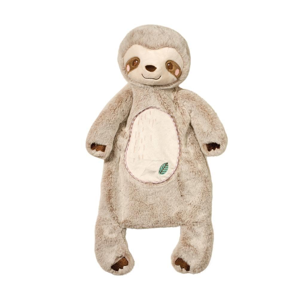 image shows a sloth stuffed animal and blanket. the arms laegs ands head are all a fun stuffed animal, but the body of the sloth is a small blanket to cuddle with