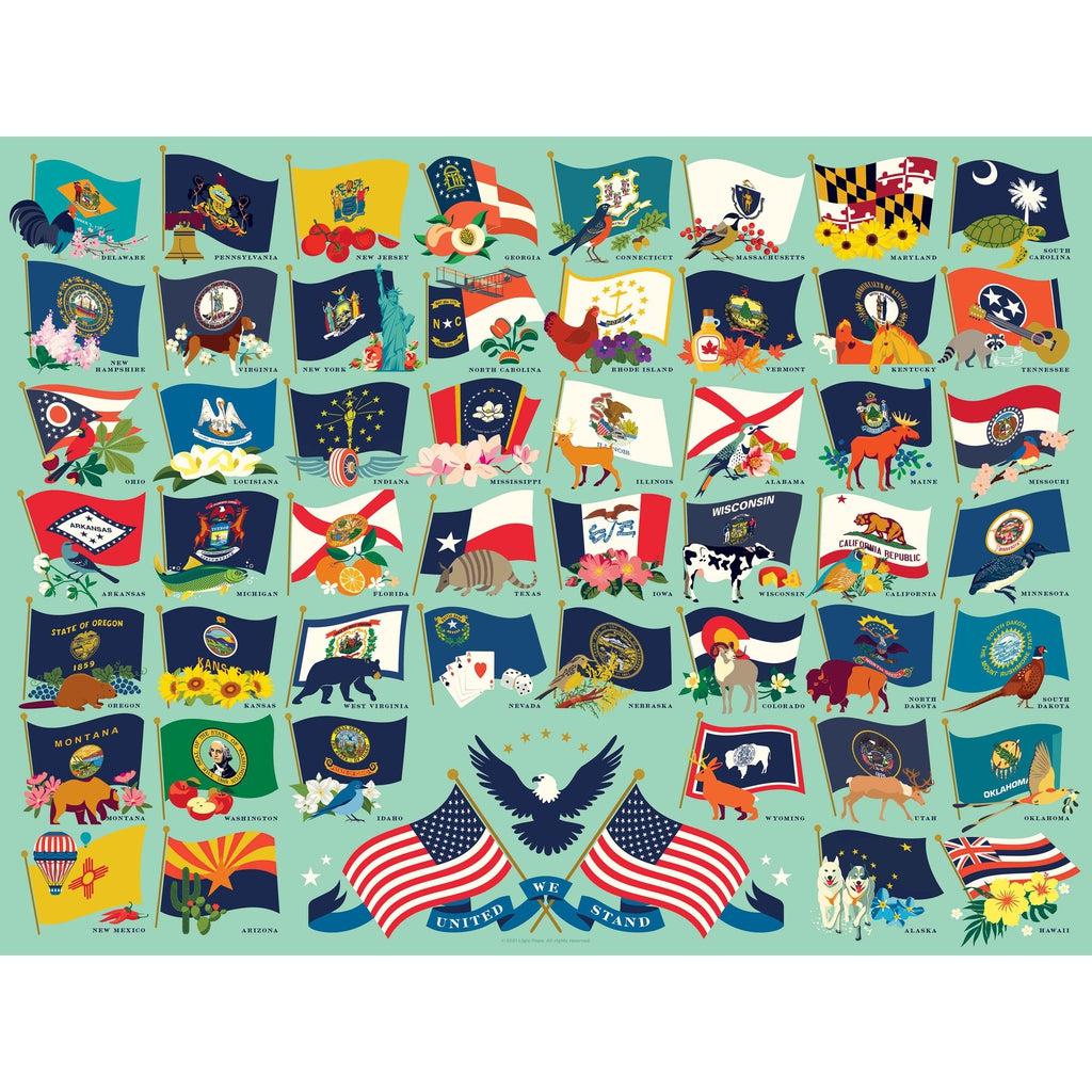 Image of the finished puzzle. It is a grid of all 50 state flags. Each state flag depicted here is accented by its official bird, blossom, fruit, fauna, or other notable hallmark. 