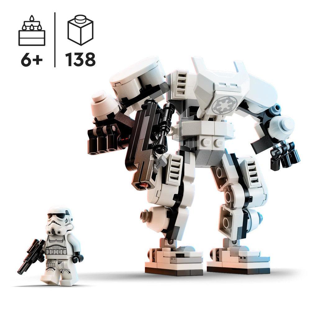 for ages 6+ with 138 LEGO pieces. the mech suit holds a stormtrooper minifigure in its white LEGO shell
