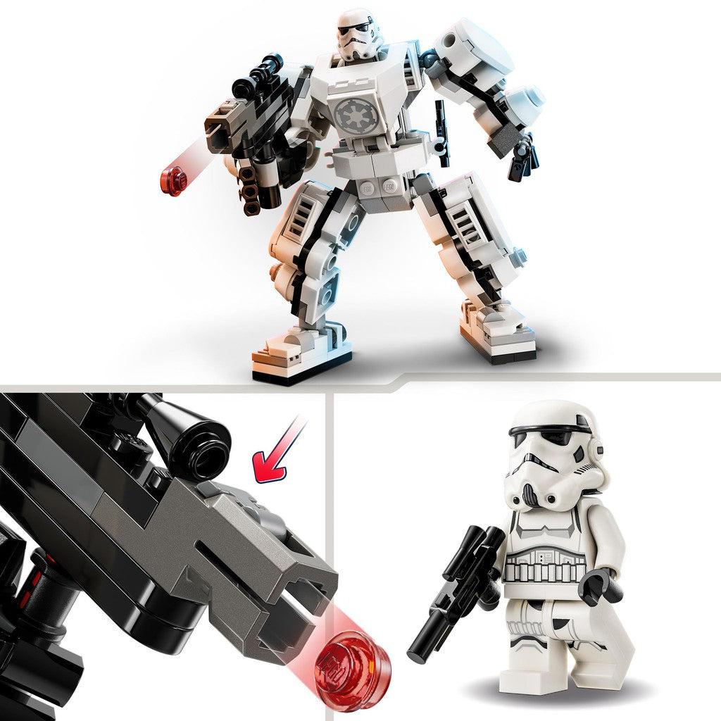 the blaster will launch red beads and the minifigure has a small blaster accessory