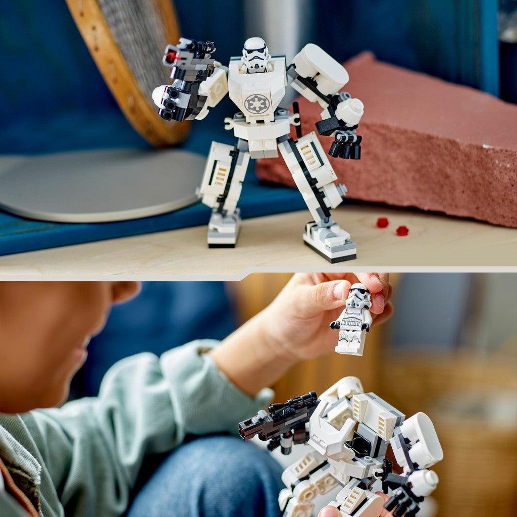 image shows a child playing with the stormtorrper mech
