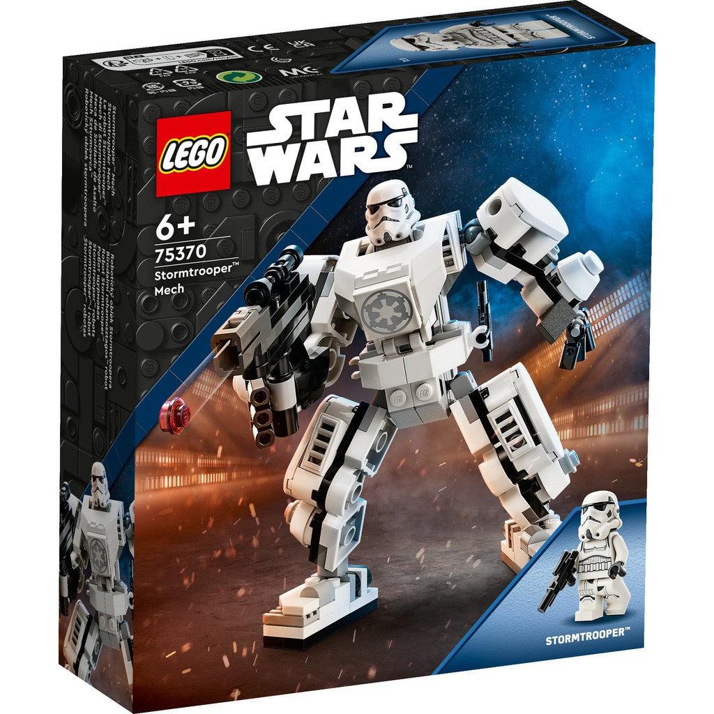 box shows a stormtrooper in a gundam like mech suit made with LEGO