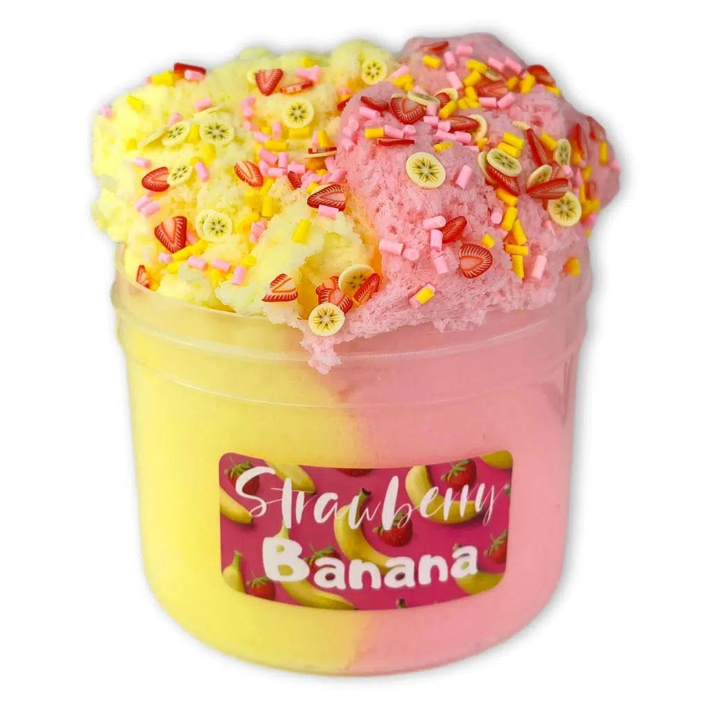 Image of the open Strawberry Banana slime. It is a dual colored slime with one half being yellow and the other being pink. It is topped with sliced strawberry and banana looking sprinkles as well as pink and yellow regular sprinkles.