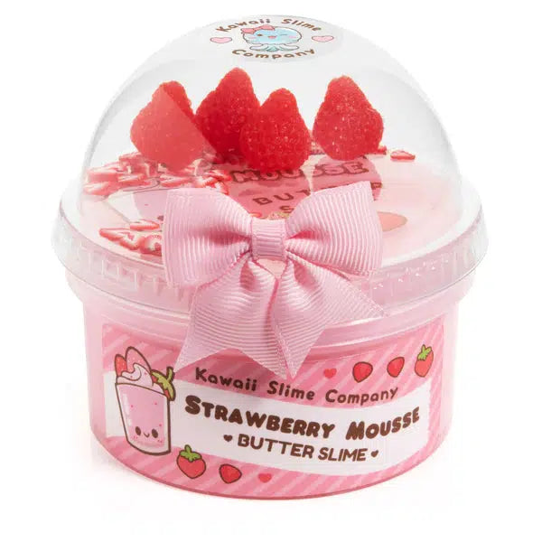 Image of the Strawberry Mousse Fluffy Butter Slime in its packaging. It comes in two interlocking containers with one holding the slime and the other holding the included charms.