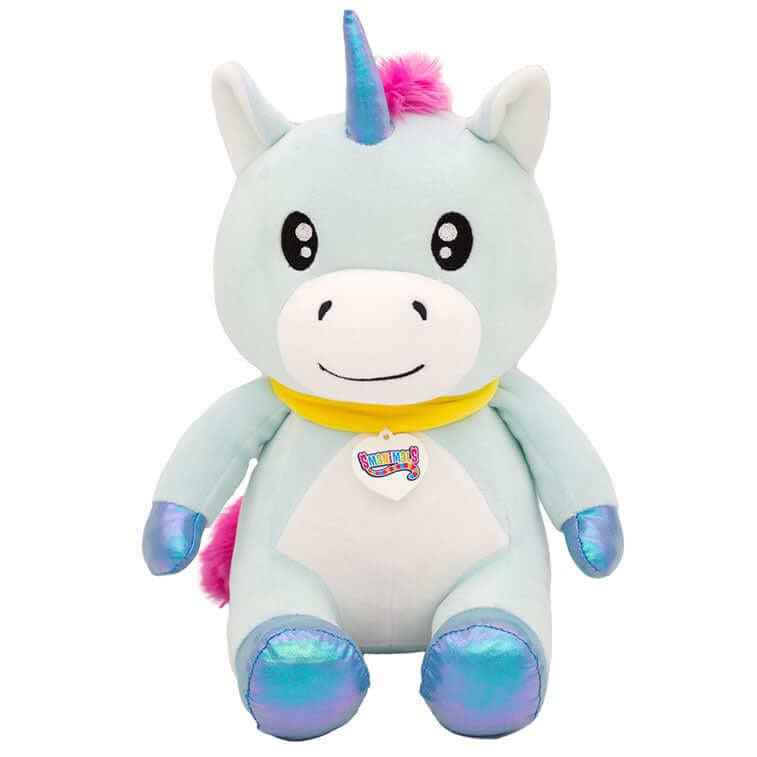 Image of the Strawberry Smanimals Unicorn plush. The body is mainly light blue with a white belly and muzzle. The hooves and horn are a shiny blue color, and the mane and tail are hot pink.