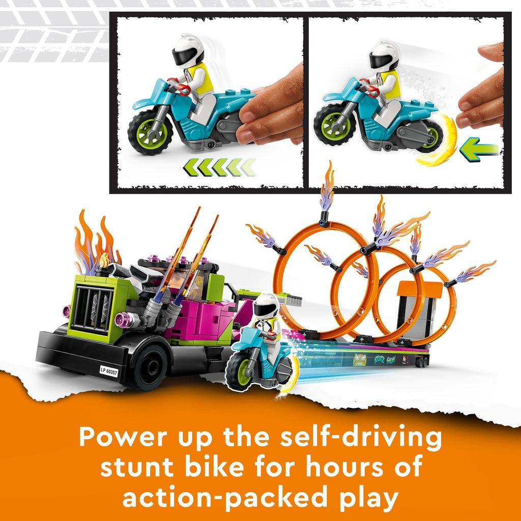 Close up of the included LEGO minibikes. They drive themselves when you pull back and release. Caption: Power up the self-driving stunt bike for hours of action-packed play