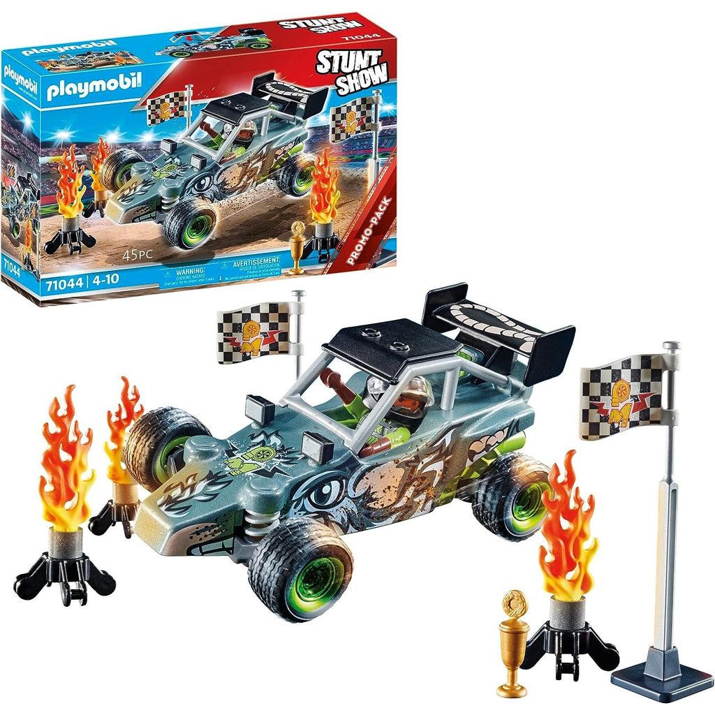 This image shows the box in the backgroung with the toy in the front, the driver is in the car and he just crossed the two finish life for the trophy. 