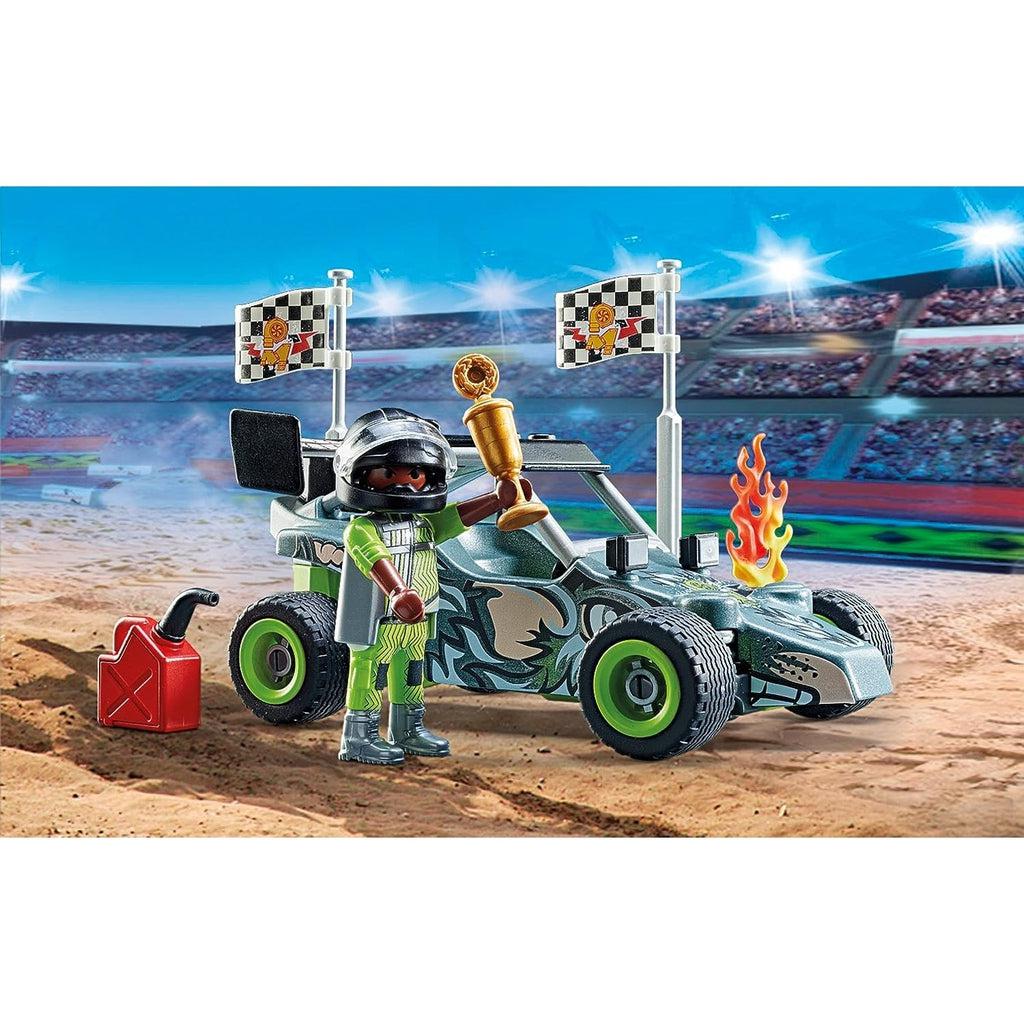a side shot shows the deiver holding the trophy with his car in the background. the gas can is placed in the side to highlight all the accessories to the toy. 