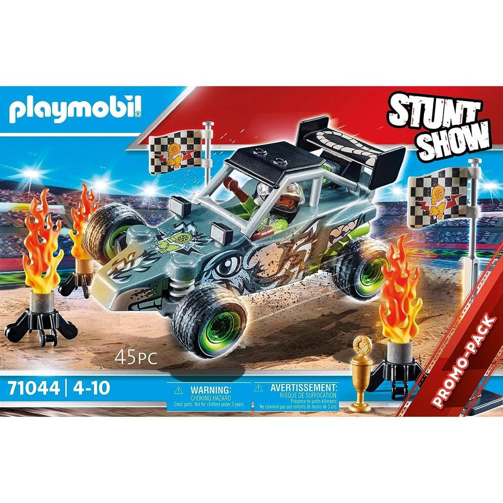 Picture shows the Stunt Show playmobil car. there are several props around a stunt track included in the box.