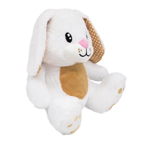 Side view of the bunny plush. Shows there is a small tail in the back.