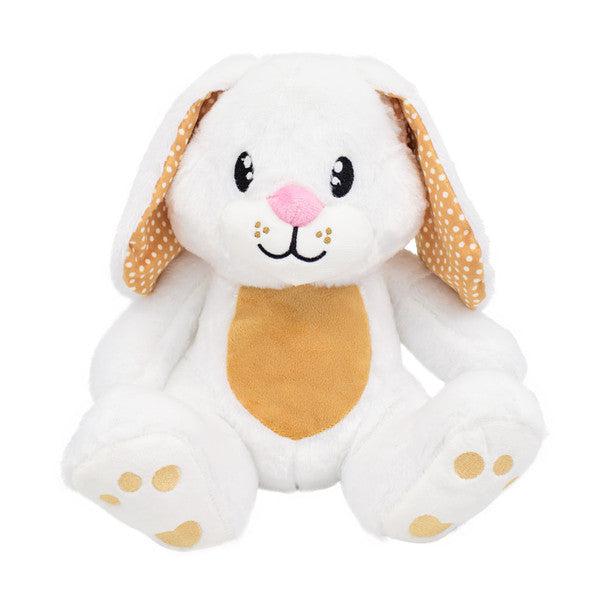 Image of the Sugarly Sweet Spring Bunny plush. It is a large white bunny with caramel accents like on the belly. The inside of the ears are caramel with white polkadots.