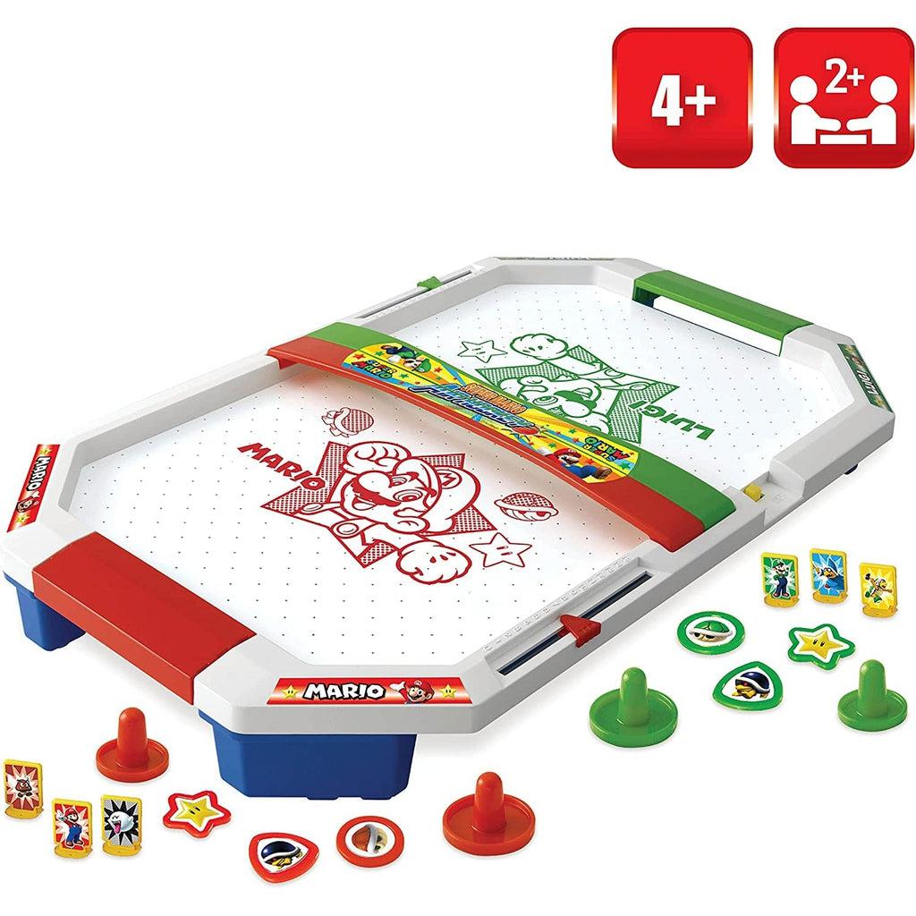 Image of the toy outside of the packaging. It has two sides, the red Mario side and the green Luigi side. It includes many different shaped air hockey pucks.