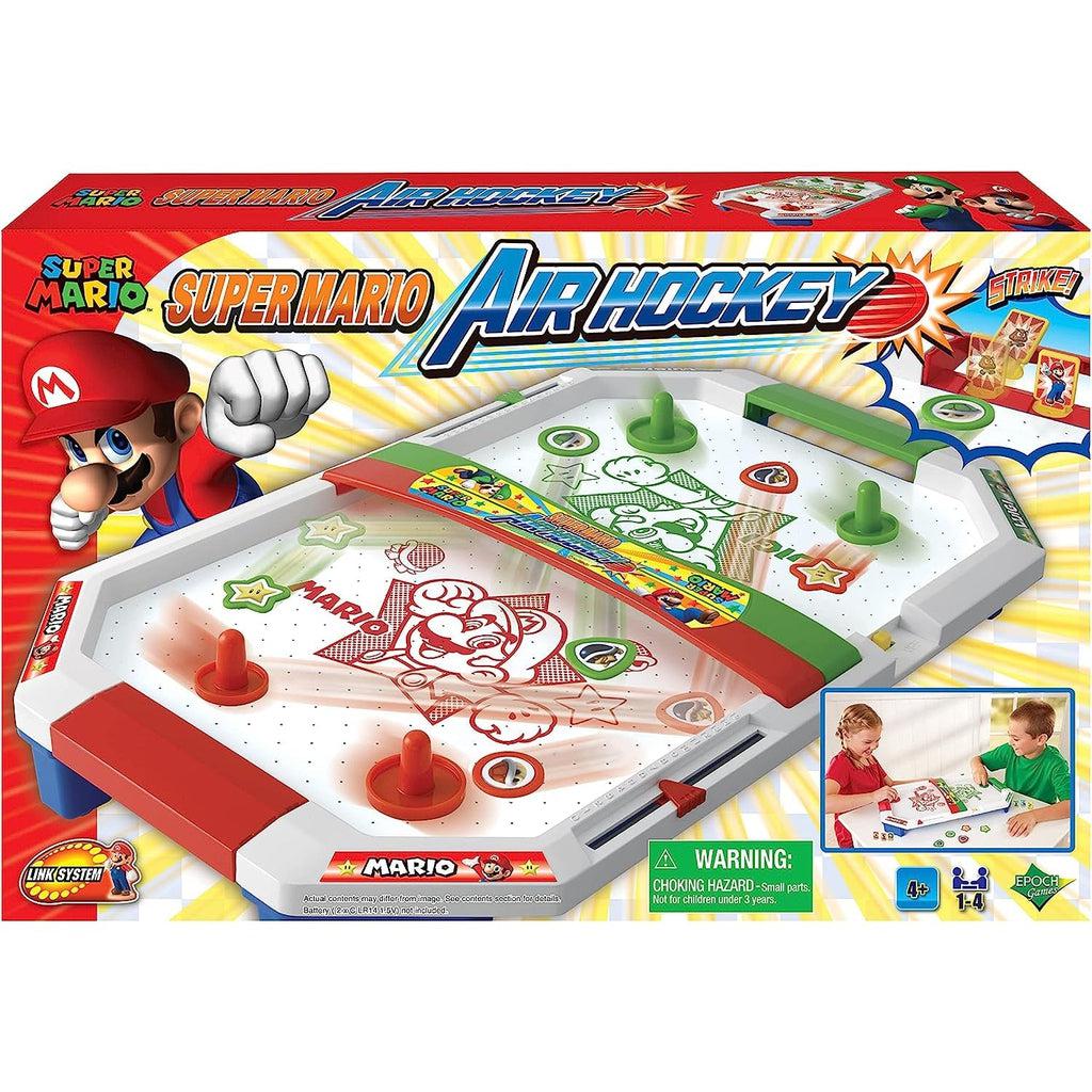 Image of the packaging for the Super Mario Air Hockey toy. On the front is a picutre of the toy while playing.