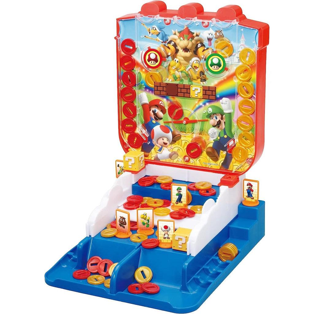 Image of the game outside of the packaging. It has a plinko top to the game with a coin pusher bottom. It has slots for storing coins and figures.