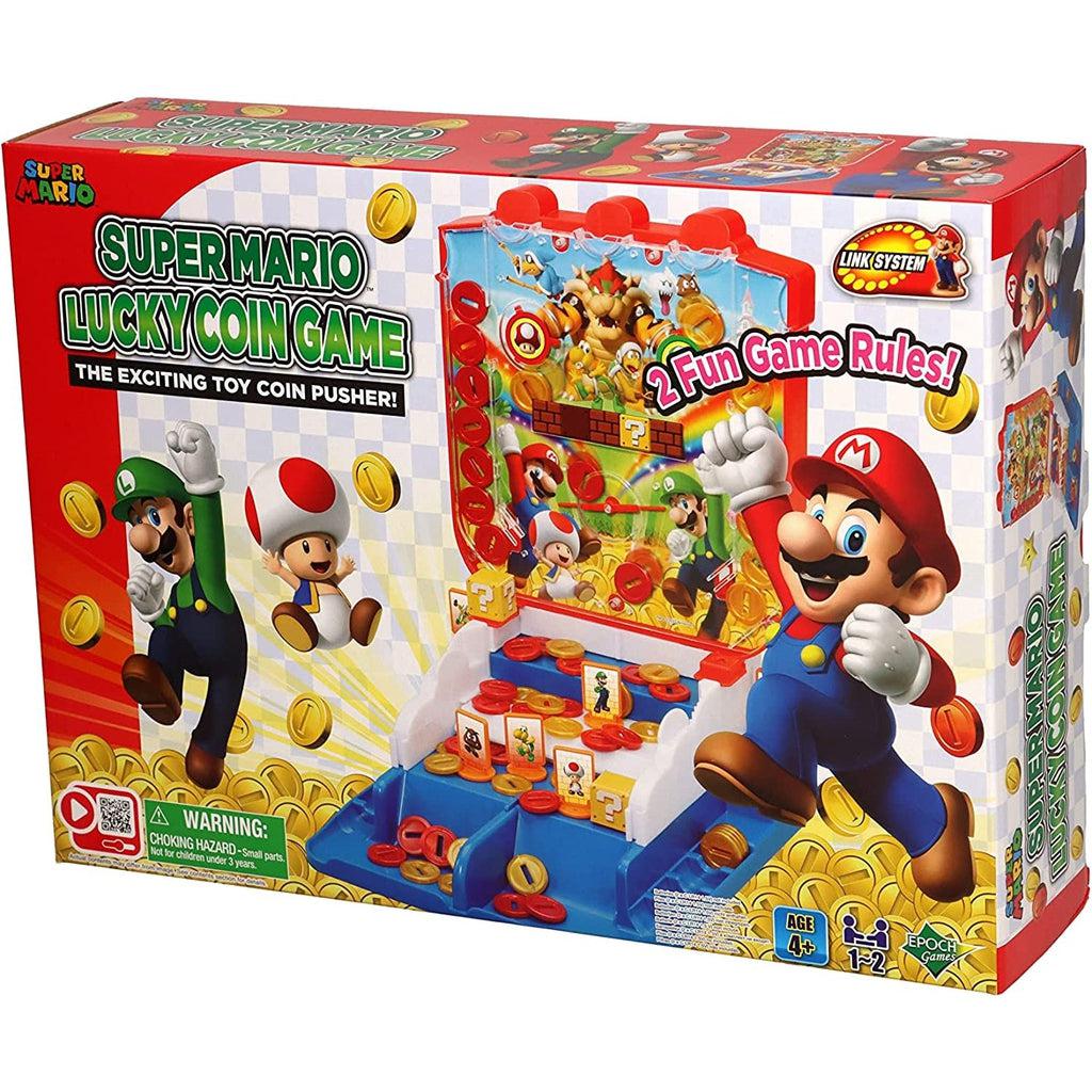 Image of the packaging for the Super Mario Lucky Coin Game. On the front is a picture of some famous characters from the Mario franchise and a picture of the coin game.