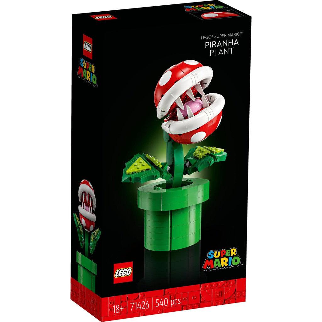 image shows teh box for the Super Mario Piranha Plant. Its a black background with the Piranha Plant in center stage