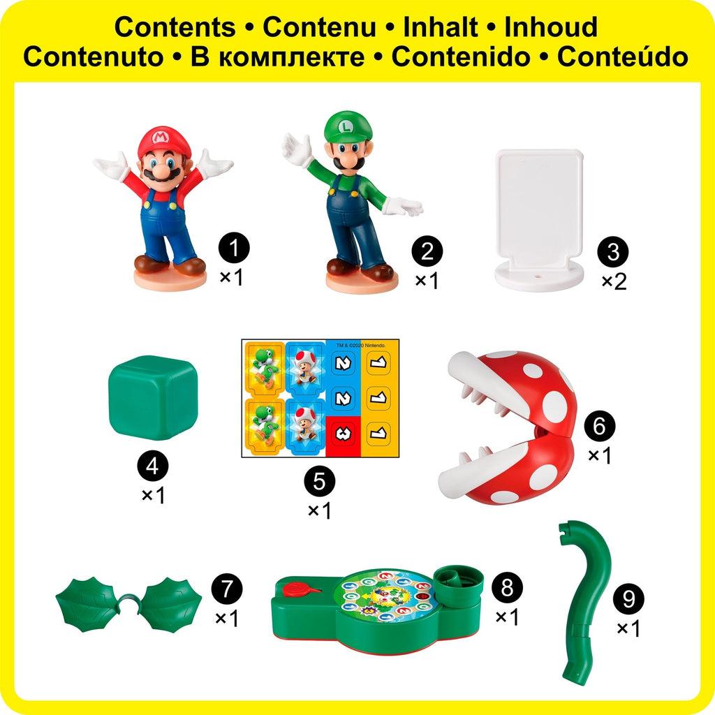 The contents of the toy are a mario and luigi figure, a stand and stickers for the stand, stickers for a die, a green die, and the piranha plant.