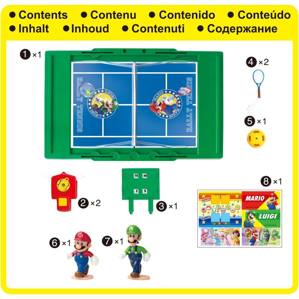 Image of the contents of the toy. It comes with the court, the raquets, Mario and Luigi, a score board, and stickers so you can customize your game!
