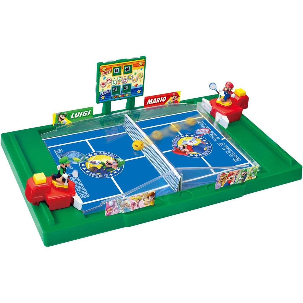 Image of the Super Mario Rally Tennis tabletop game. It is a small plastic tennis court with Mario on one side and Luigi on the other. They can be moved and can swing their racket with the press of a button.