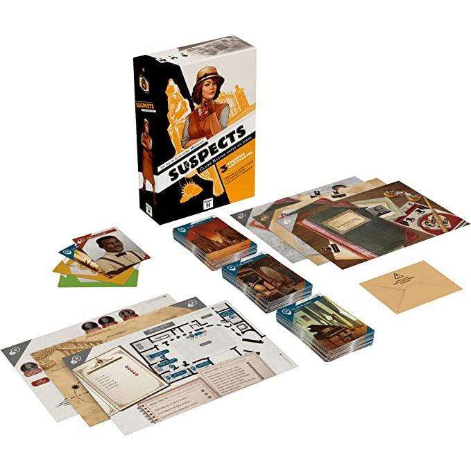 Image of the fully set up game board. It comes with lots of different cards and game boards so you can find the culprit.