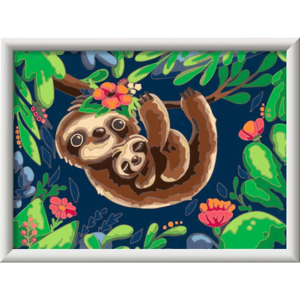 a finished painting of the sloths smiling at nothing and captured in a frame fo the painting may be placed on a wall. 