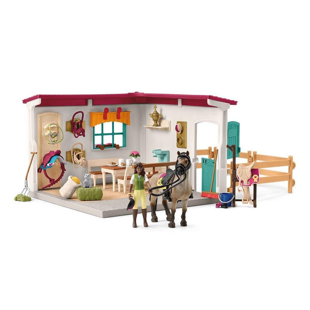 Full set is shown, consists of half a room (a floor, two walls, and partial roof atop the 2 walls), a fenced in area, and figurines of a girl, a horse, a cat. Other contents listed in description