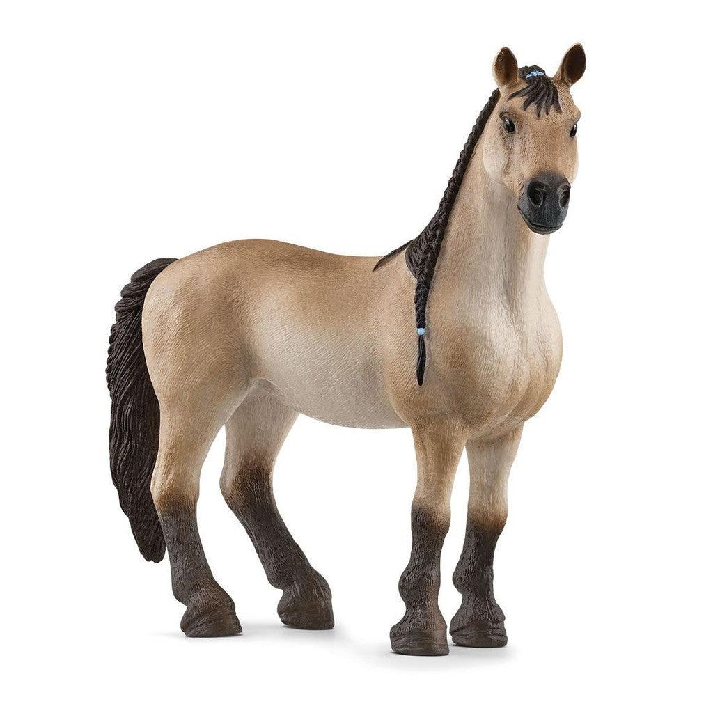 close up of the horse figurine. It's a tan color with dark brown near the hooves. The horses hair is dark brown plastic and the mane is braided.