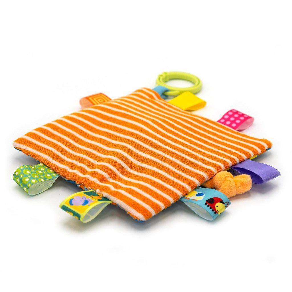 Image of the back of the teething toy. It has a ribbed fabric that matches the color scheme.