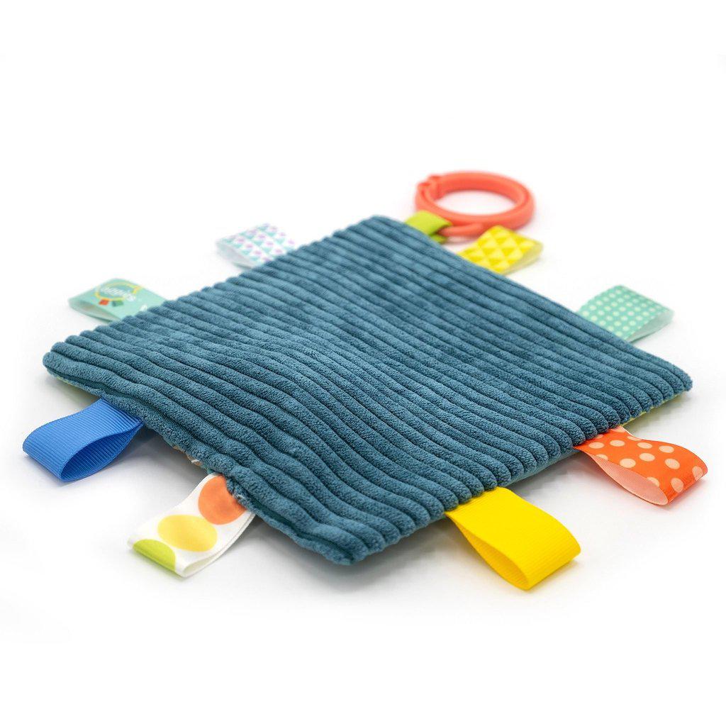 Image of the back of the teething toy. It has a ribbed fabric that matches the color scheme.