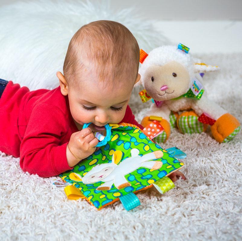 Scene of a baby chewing on the teething and comfort toy.